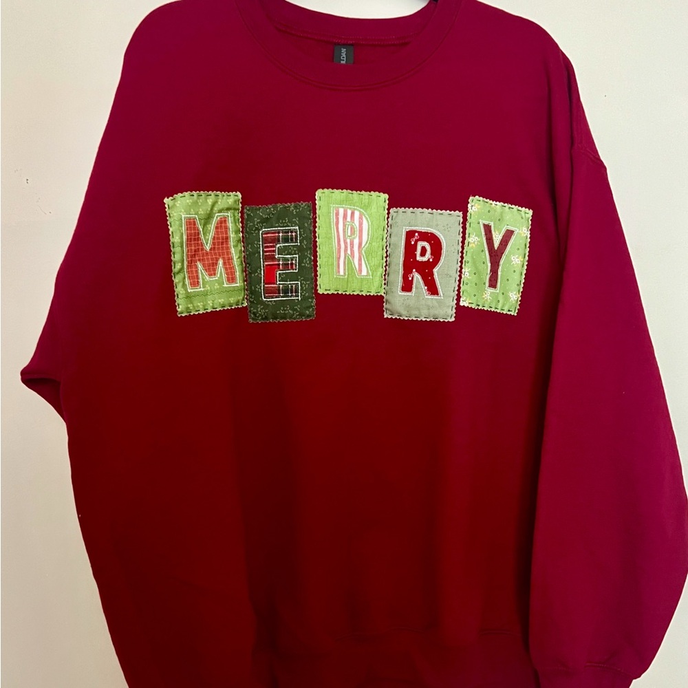 “Merry” Patchwork Christmas Sweatshirt - image 2